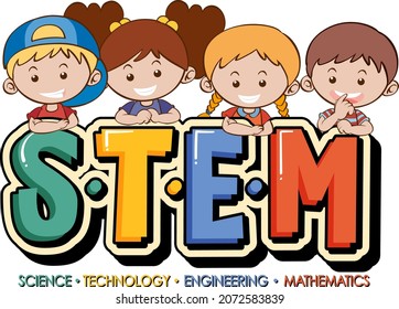 STEM education logo banner with kids cartoon character illustration