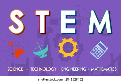 Banner del logo de educación STEM con ilustración de fondo púrpura