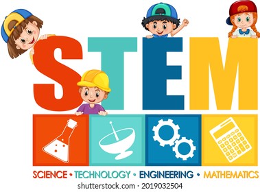 STEM education logo with children cartoon character illustration