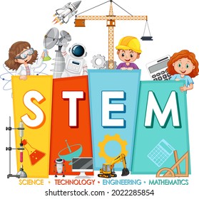 STEM education logo with children cartoon character illustration