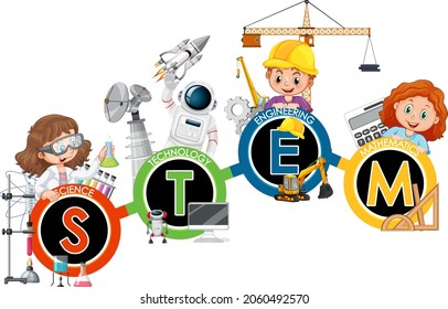 STEM education logo with children cartoon character illustration