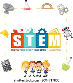STEM education logo with children and education icon elements illustration