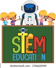 Stem education logo with kids wearing engineer and robot illustration