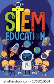 Stem Education Logo With Kids Wearing Engineer In Space Theme Illustration