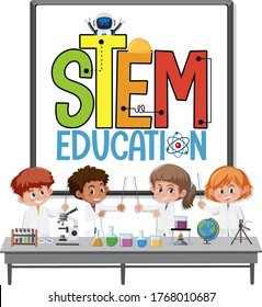 Stem education logo with kids wearing scientist costume isolated illustration