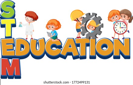 Stem education logo with kids wearing engineer costume isolated illustration