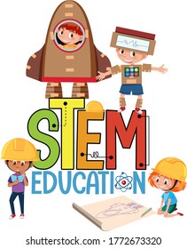 Stem education logo with kids wearing engineer costume isolated illustration