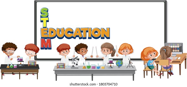 Stem education logo with kids wearing scientist costume isolated illustration