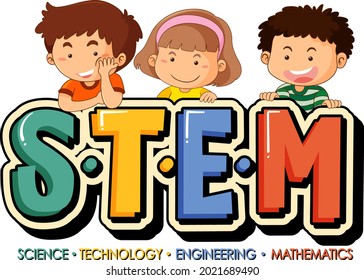STEM education logo with little kids cartoon character illustration