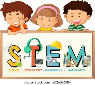 STEM education logo with little kids cartoon character illustration