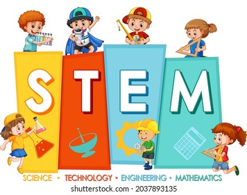 STEM Education Logo With Many Children On White Background Illustration