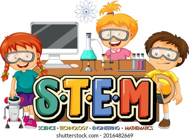 STEM education logo with many kids cartoon character illustration