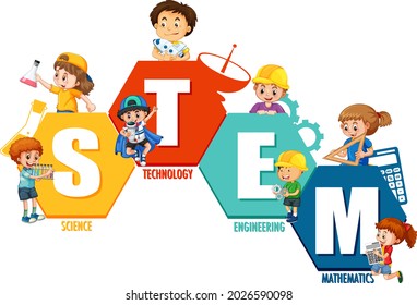 STEM education logo with many kids cartoon character on white background illustration