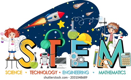 STEM Education Logo With Scientist Kids In Galaxy Theme Illustration