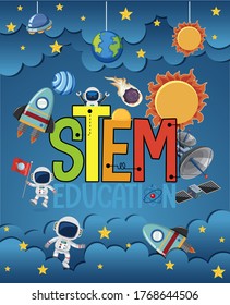 Stem education logo with space objects in space background illustration