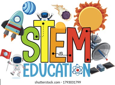 Stem education logo with space objects isolated illustration