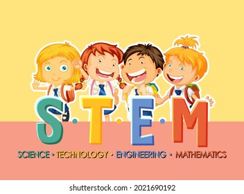 STEM education logo with student kids cartoon character illustration