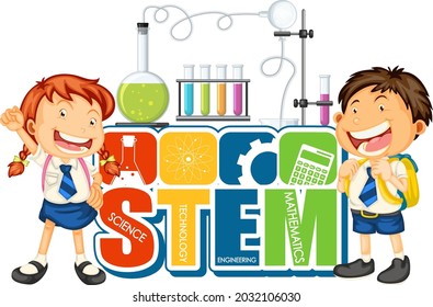 STEM Education Logo With Student Kids Cartoon Character Illustration