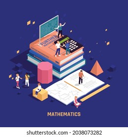 STEM education mathematics program mathematical practices isometric background composition teacher chalkboard math textbooks geometric figures vector illustration