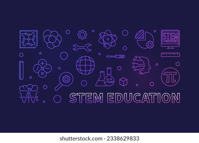 STEM Education minimal vector outline colored illustration. Science horizontal banner with dark background