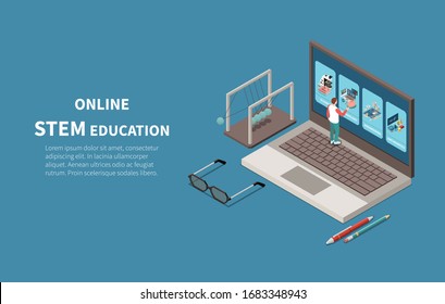 STEM education online masters programs teach students creativity problem solving skills isometric composition with laptop vector illustration  