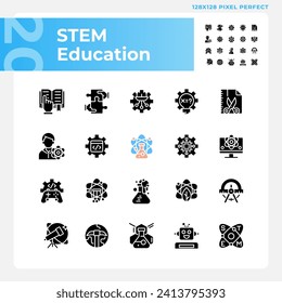 STEM education pixel perfect black glyph icons set on white space. Integrate computing technology. Students development. Silhouette symbols. Solid pictogram pack. Vector isolated illustration