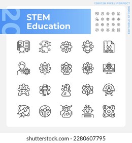 STEM education pixel perfect linear icons set. Integrate computing technology. Students development. Customizable thin line symbols. Isolated vector outline illustrations. Editable stroke