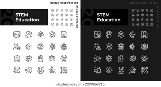 STEM education pixel perfect linear icons set for dark, light mode. Computing technology. Students development. Thin line symbols for night, day theme. Isolated illustrations. Editable stroke