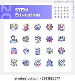 STEM education pixel perfect RGB color icons set. Integrate computing technology. Students development. Isolated vector illustrations. Simple filled line drawings collection. Editable stroke