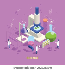 Educación en ciencias básicas práctica laboratorio de ciencias isométricas composición de fondo con microscopía electrónica estudiantes tubos de prueba ilustración vectorial