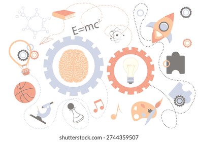 STEM Education Science Art Creativity Flat Icons Brain Gears Rocket Light Bulb DNA Atom Infographic Illustration. Multidisciplinary STEAM learning and creative thinking concept for educational materials and presentations.
