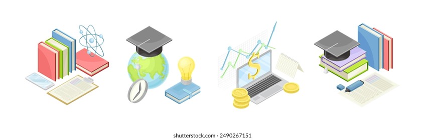 STEM Bildung und Wissenschaft Objekt und Ausrüstung Isometrische Vektorgrafik Set