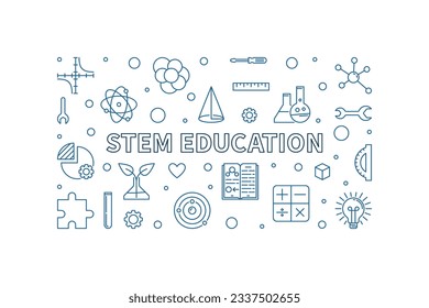 Educación STEM - Ciencia, Tecnología, Ingeniería, Banner de concepto de esquema matemático. Ilustración horizontal vectorial