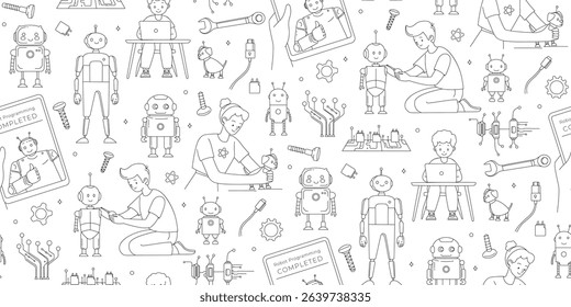 STEM Education Seamless Pattern Kids and Robots Line Art Vector illustration. Children Programming Robots Hand Drawn STEM Background for Kids. Robotics and Coding Educational Doodle Science Pattern