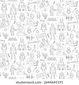 STEM Educación Seamless Pattern Kids and Robots Line Art Ilustración vectorial. Niños que programan robots dibujados a mano STEM de fondo para niños. Patrón de Ciencia Doodle educativo de robótica y codificación