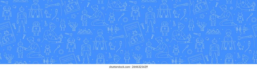 STEM Educación Seamless Pattern Kids and Robots Line Art Ilustración vectorial. Niños que programan robots dibujados a mano STEM de fondo para niños. Patrón de Ciencia Doodle educativo de robótica y codificación