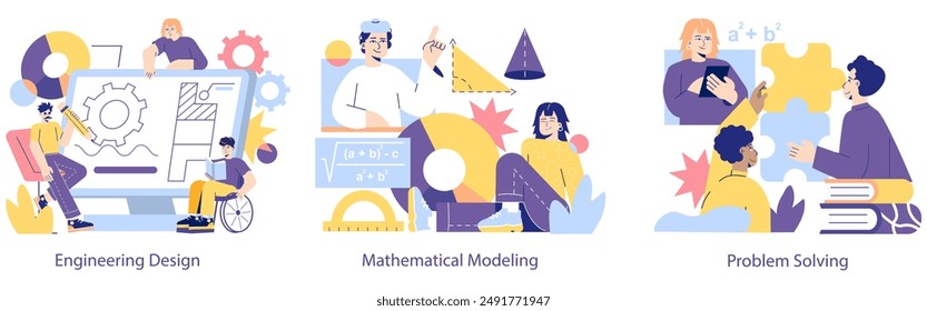 STEM Education set. Illustration portrays engineering design, mathematical modeling, and problem-solving concepts. Collaborative learning environment. Vector illustration.