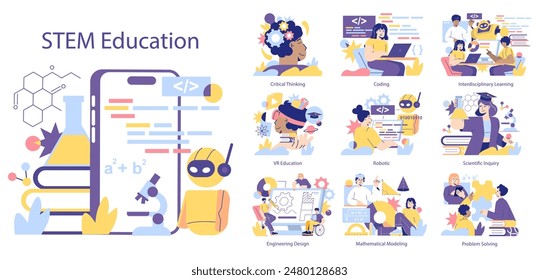 Juego de Educaciones STEM. Mostrar diversas actividades de aprendizaje en ciencia, tecnología, ingeniería y matemáticas. Experiencias de aprendizaje interactivas e inmersivas. Ilustración vectorial.