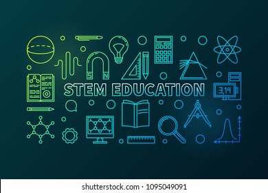 STEM Education Vector Colored Horizontal Banner In Linear Style - Science, Technology, Engineering And Mathematics Concept Illustration On Dark Background
