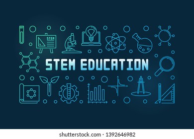 STEM Education Vector Colorful Concept Linear Horizontal Illustration Or Banner On Dark Background