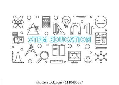 STEM Education vector horizontal banner in thin line style. Science, technology, engineering and mathematics concept illustration