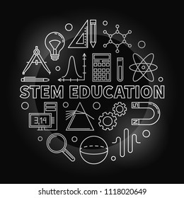 STEM Education vector round silver illustration in linear style - science, technology, engineering and mathematics concept symbol on dark background