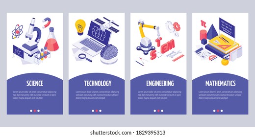 STEM education vertical banners with modern lab equipment tutorials laptop and caption words science technology engineering mathematics isometric vector illustration 