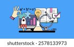 STEM education visual with hands, featuring a computer, puzzle, and rocket. Neubrutalism hands concept