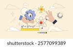 STEM education visual with hands holding gear and atom, symbolizing innovation and learning. Neubrutalism hands concept