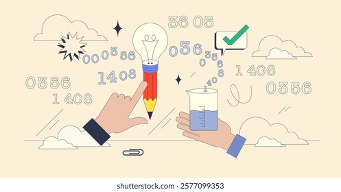 STEM education visual with hands holding a pencil lightbulb and beaker, symbolizing innovation and experimentation. Neubrutalism hands concept