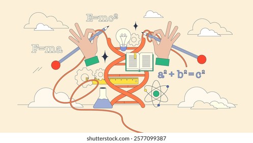 STEM education visual with hands holding tools, DNA strand, and formulas. Neubrutalism hands concept