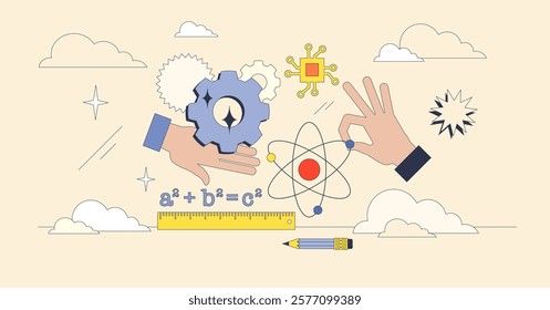 STEM education visual with hands holding gear and atom, symbolizing innovation and learning. Neubrutalism hands concept