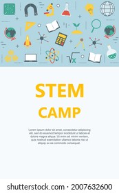 STEM educational kids  camp. Colorful poster. Science, technology, engineering, mathematics. Education Concept. Flat Vector.