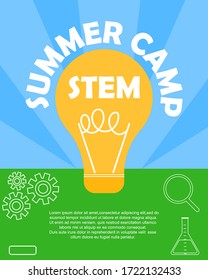 STEM Educational Kids Summer Camp. Colorful Poster. Science, Technology, Engineering, Mathematics. Education Concept. Flat Vector.